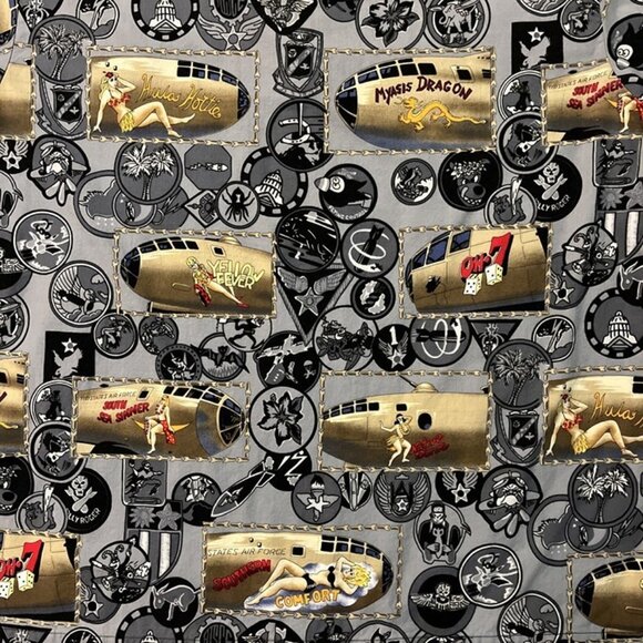 Vintage KALAHEO Popover Hawaiian Shirt Pin Up Girls USAF Planes Bombers Mens XL - Picture 9 of 11